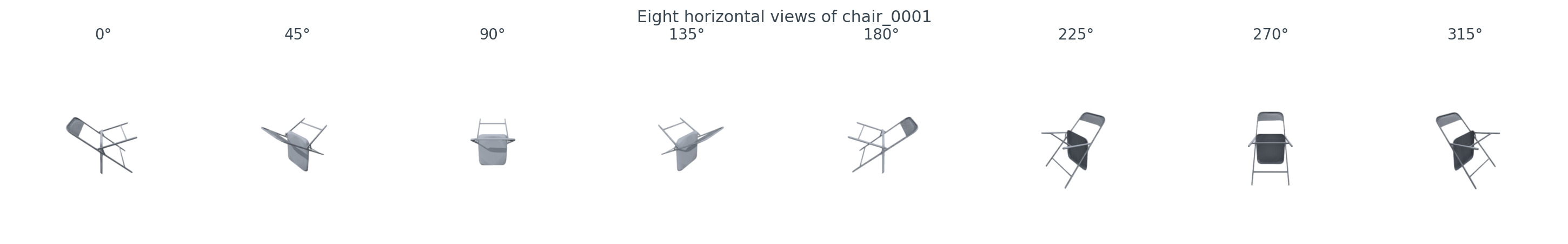 Eight horizontal renders of a folding chair from azimuth 0 to 315 degrees in 45-degree steps.