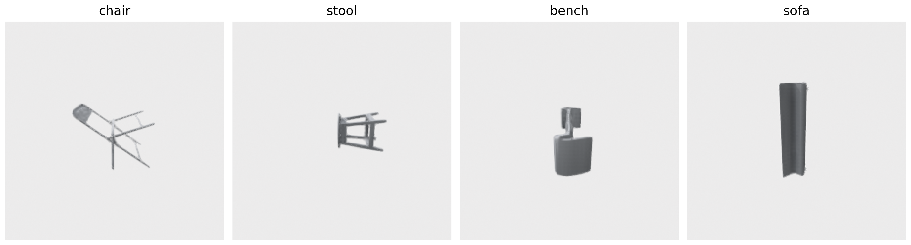 Four horizontal panels: rendered chair, stool, bench, sofa from ModelNet40.