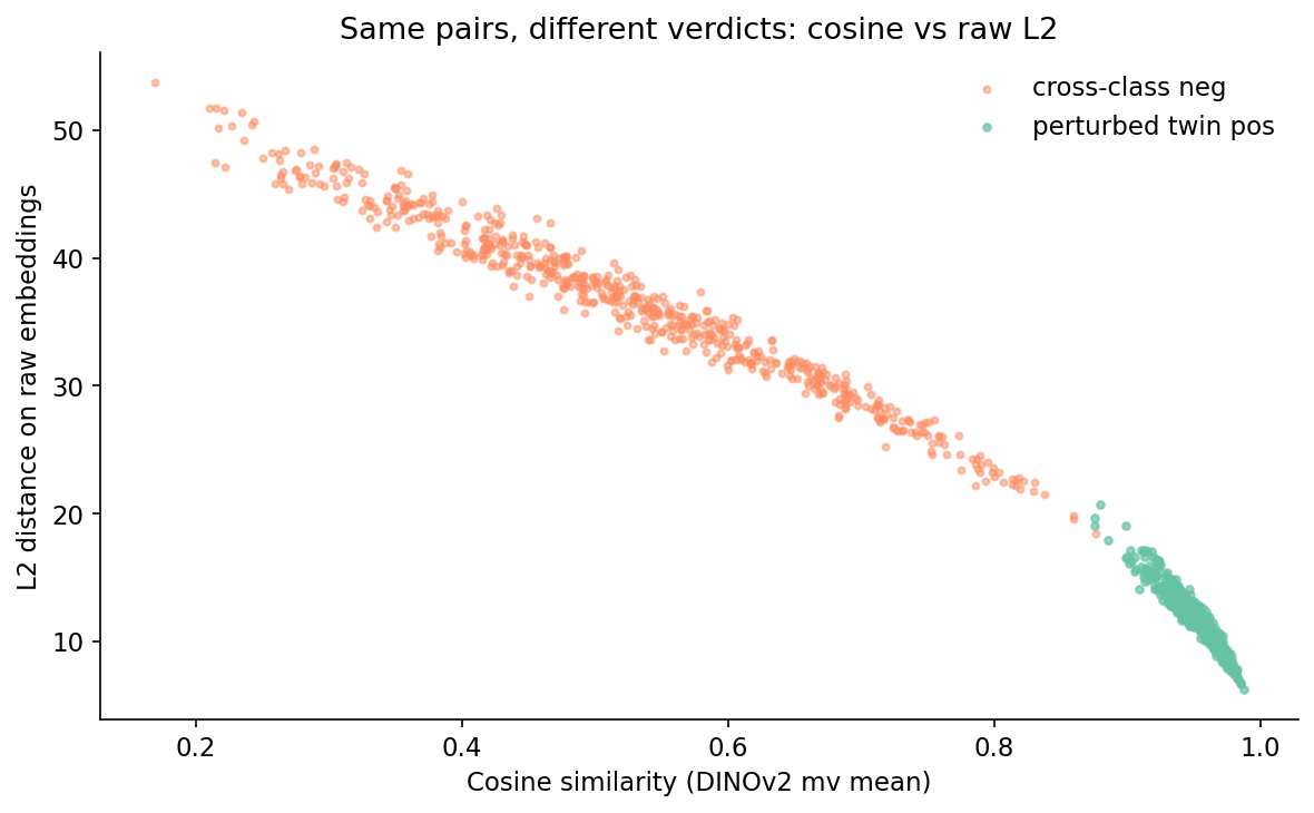 Scatter of cosine similarity (x) versus raw L2 distance (y) for 1280 pairs, coloured by positive (green) vs cross-class negative (orange). Positives cluster top-right at high cosine and low L2; negatives stretch left.