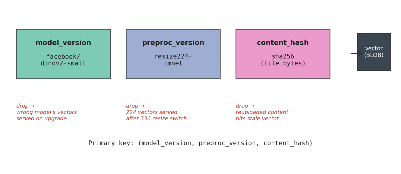 Figure 1. The three-part cache key, and the failure mode that follows from dropping each component. model_version pins which encoder produced the vector. preproc_version pins the resize and crop pipel