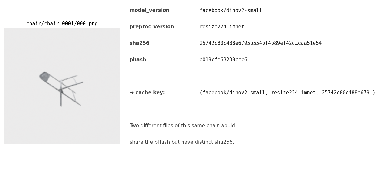 Figure 8. One render from the corpus with its SHA256 and pHash labeled. The SHA256 is content-identical: change any byte, get a new hash. The pHash is content-similar: change the bytes without changin